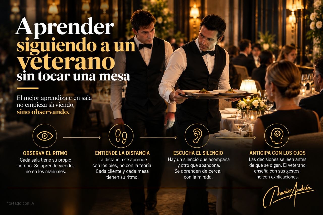 Infografia de sala sobre aprender siguiendo a un veterano, con camareros sirviendo una mesa y claves de observacion del oficio.