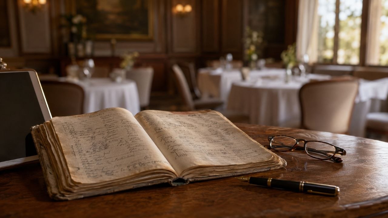 Cuaderno de servicio antiguo y muy usado, abierto sobre una mesa de madera noble en la sala vacía de un restaurante elegante, junto a unas gafas de lectura plegadas y una pluma estilográfica; al fondo, desenfocadas, mesas vestidas de blanco con luz cálida de ventana.