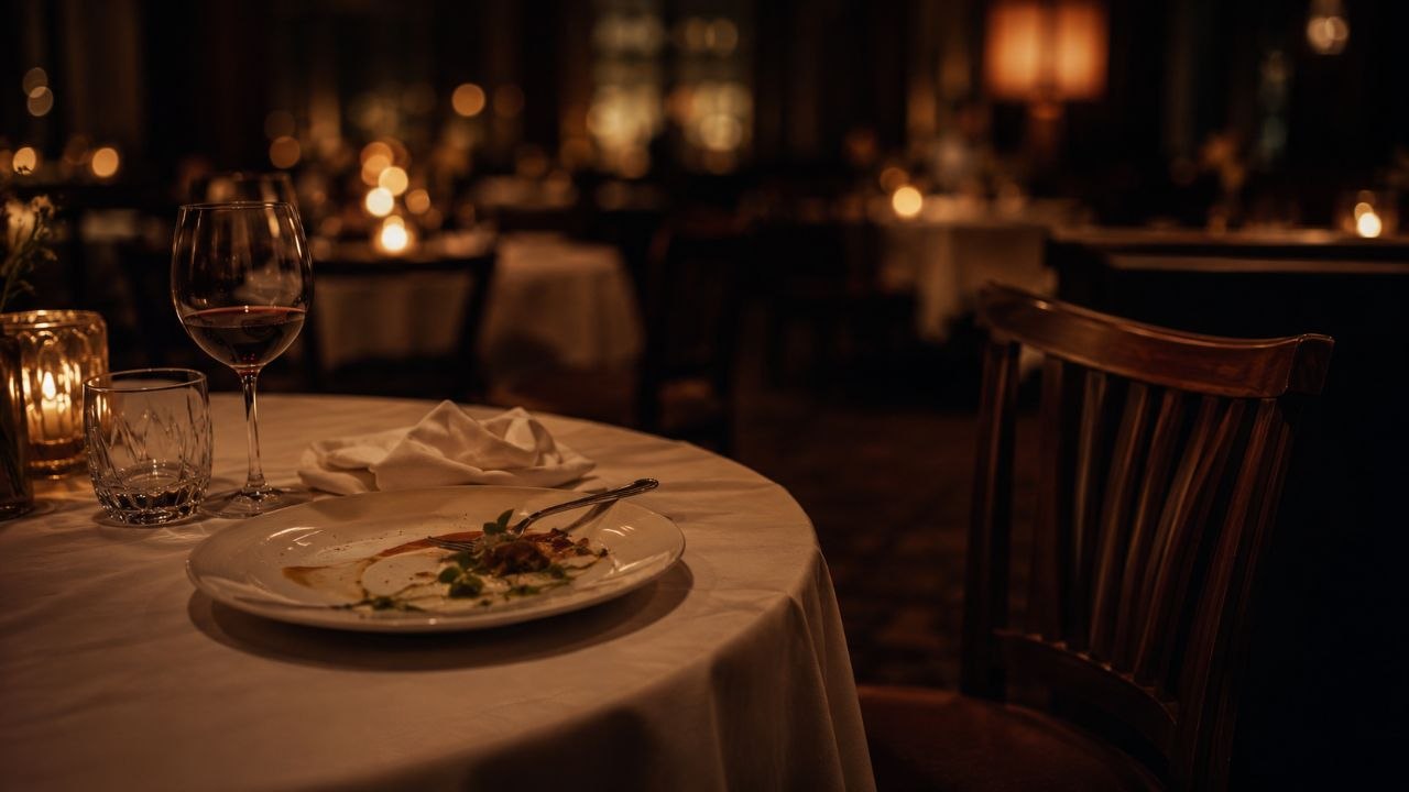 Mesa de restaurante elegante a media cena, con el plato del entrante apenas terminado, la servilleta arrugada dejada sobre el mantel y una silla vacía ligeramente retirada; al fondo, la sala en penumbra con luz de velas.