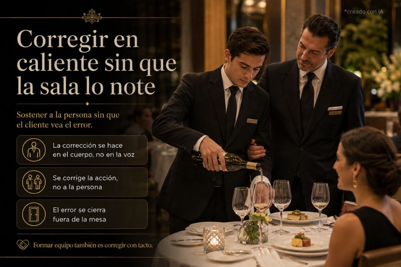 Composición con el título «Corregir en caliente sin que la sala lo note» y los tres puntos del artículo, sobre la escena de un maître que corrige discretamente a un camarero joven mientras este sirve vino blanco en una mesa de gran lujo.
