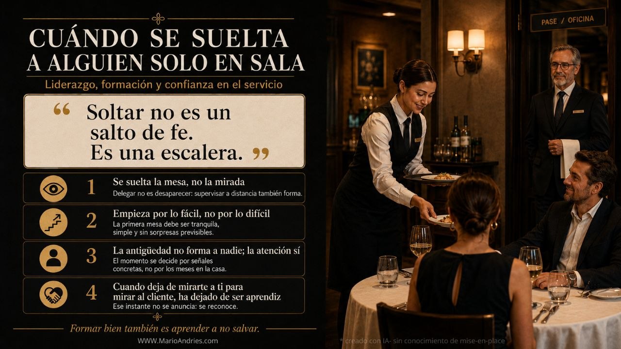 Infografía del post: a la izquierda, la cita «Soltar no es un salto de fe. Es una escalera» y los cuatro escalones —se suelta la mesa, no la mirada; empieza por lo fácil; la antigüedad no forma a nadie, la atención sí; cuando deja de mirarte a ti para mirar al cliente, ha dejado de ser aprendiz—; a la derecha, una camarera sirve sola una mesa mientras el maître observa a distancia junto al pase. Cierre: formar bien también es aprender a no salvar.