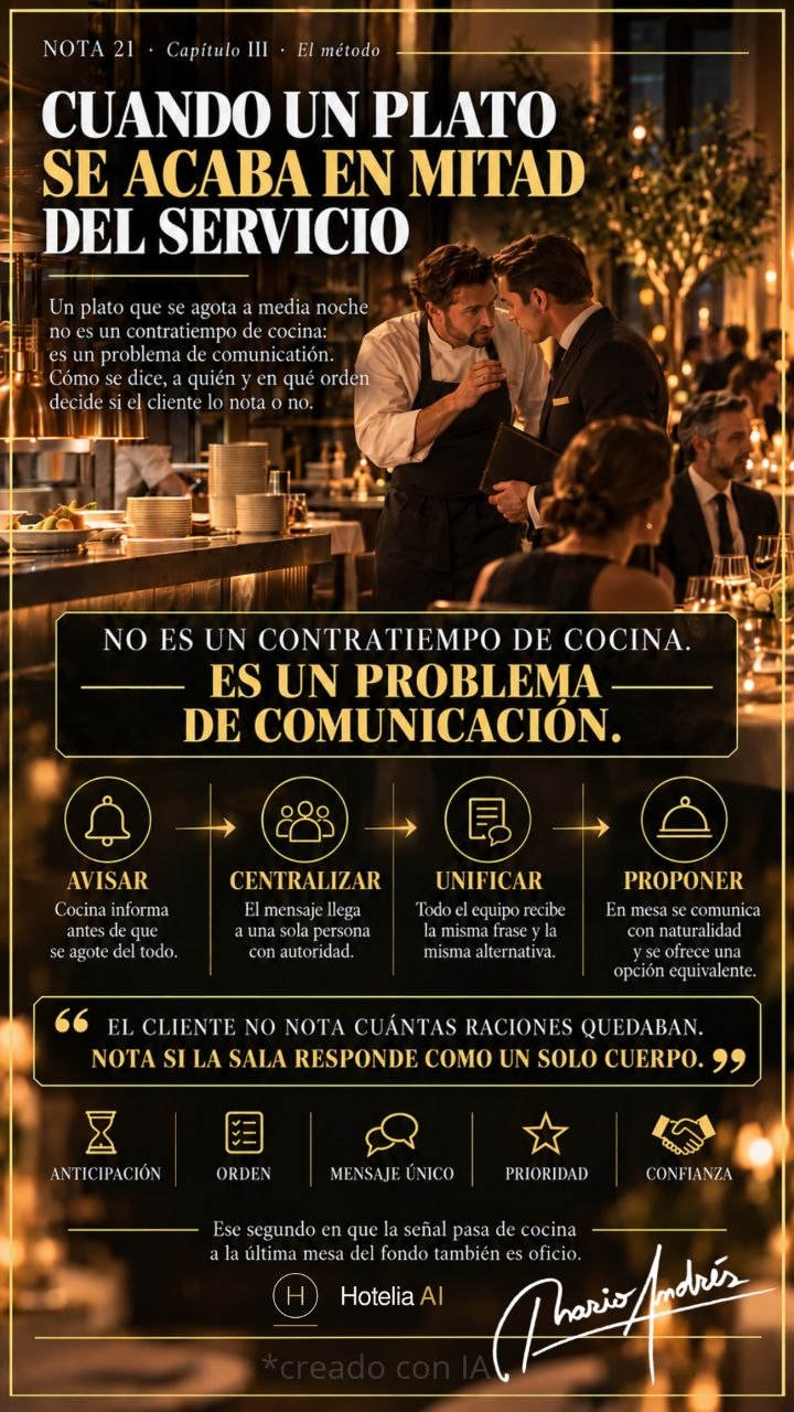 Lamina sobre un plato agotado durante el servicio, con chef y maitre conversando y pasos para coordinar la sala.