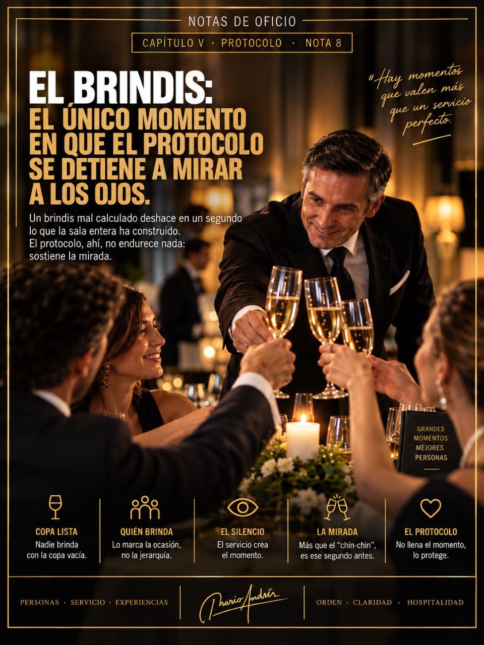 Lamina de Notas de Oficio sobre un brindis en una sala elegante, con maitre y comensales alzando copas de champagne alrededor de una mesa.