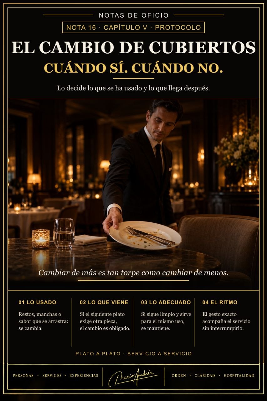 Lámina vertical en negro y dorado sobre el cambio de cubiertos, con un camarero retirando un plato en una sala de restaurante.