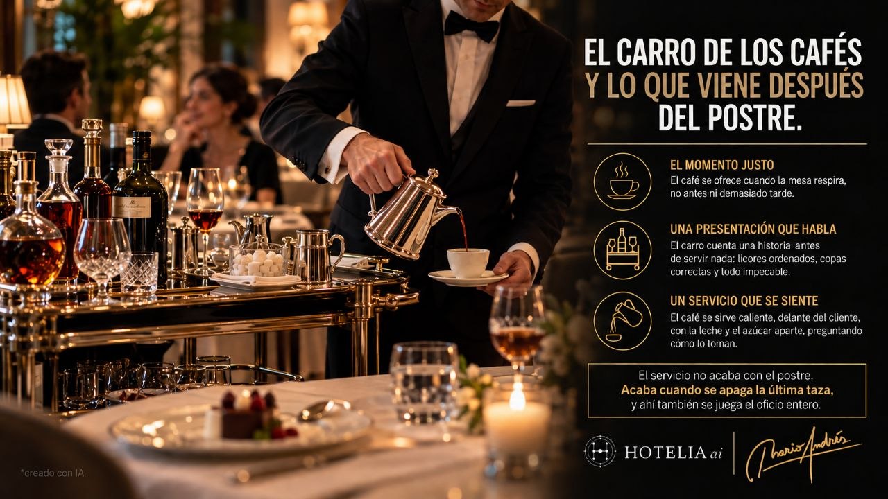 Camarero sirviendo cafe desde un carro de sobremesa con botellas, copas y una infografia sobre el servicio despues del postre.