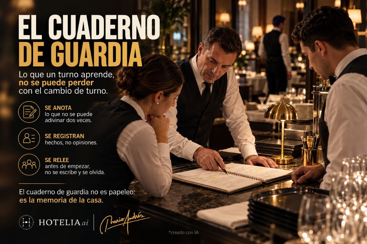 Equipo de sala revisando el cuaderno de guardia antes del servicio para registrar incidencias y aprendizajes del turno.