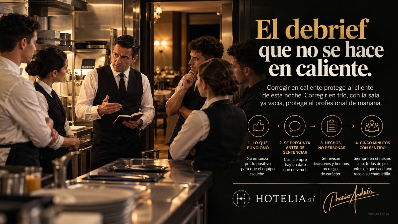 Equipo de sala reunido junto a cocina tras el servicio para revisar en frio lo que funciono y lo que debe mejorar.