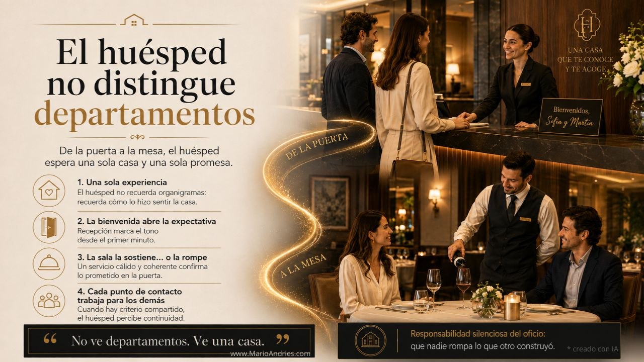 Infografia del post: a la izquierda, el titulo El huesped no distingue departamentos y cuatro claves -- una sola experiencia; la bienvenida abre la expectativa; la sala la sostiene o la rompe; cada punto de contacto trabaja para los demas --; a la derecha, una recepcionista da la bienvenida a una pareja en el mostrador y un camarero sirve vino en la mesa, unidos por una linea dorada de la puerta a la mesa. Cierre: No ve departamentos. Ve una casa.
