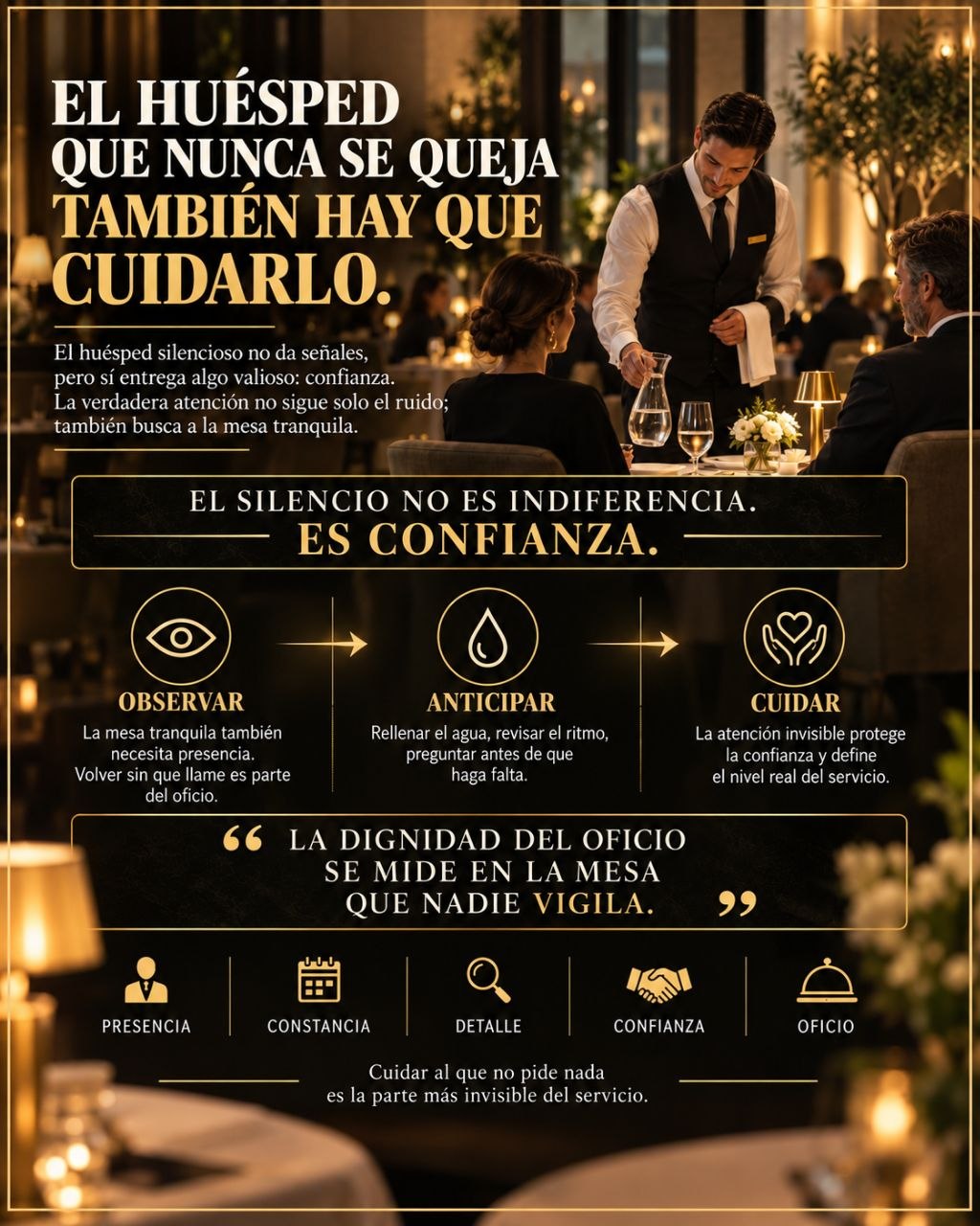 Infografia sobre el huesped silencioso que no se queja y la atencion invisible en restaurante elegante