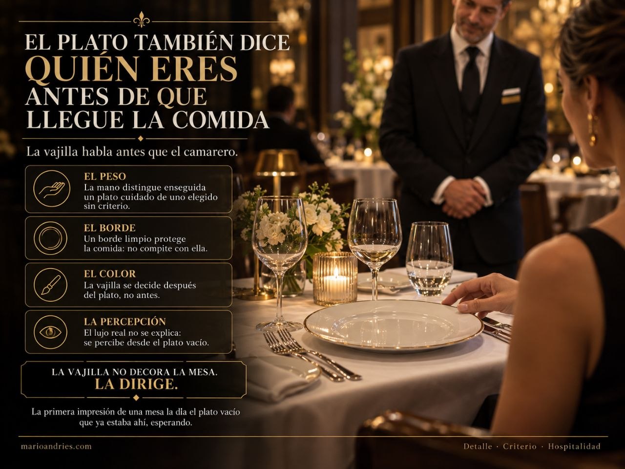 Infografia sobre la vajilla en sala: el peso, el borde, el color y la percepcion del plato vacio antes de que llegue la comida