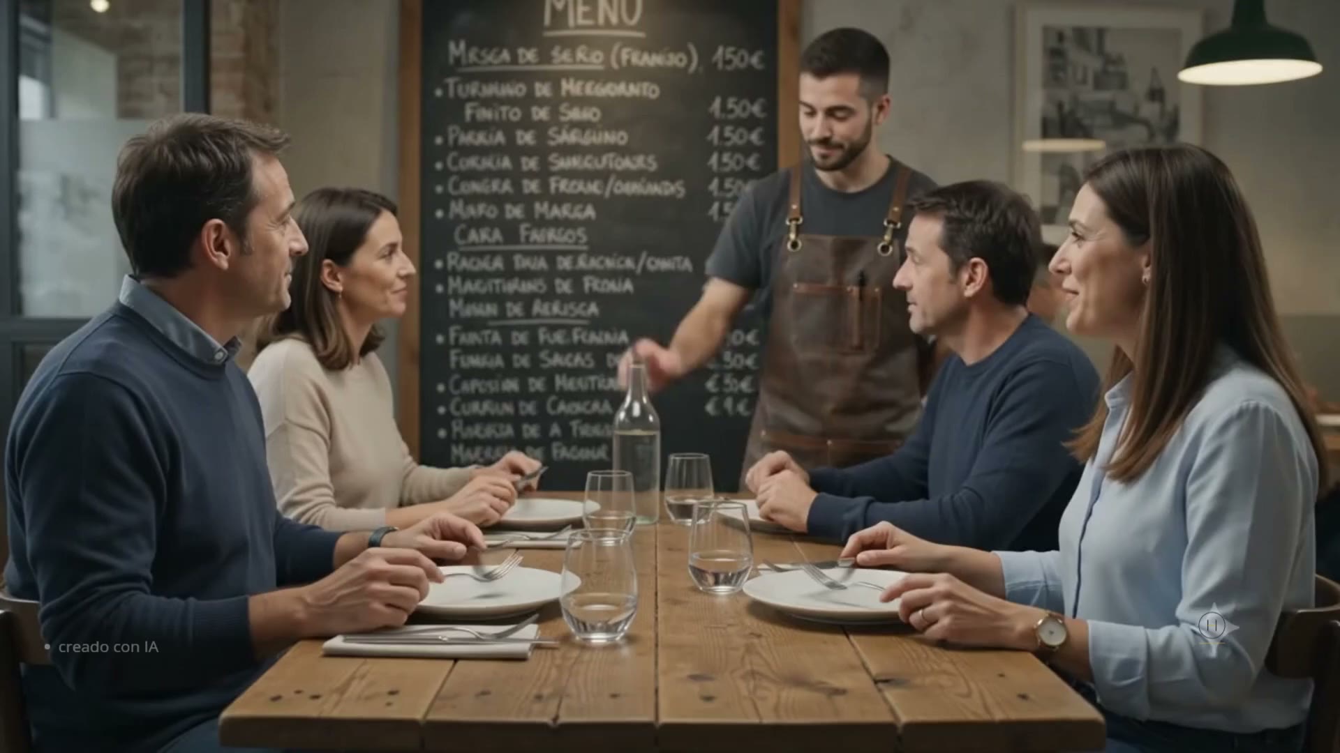 Fotograma del video del post: en un local informal de mesas de madera, un camarero sirve a una mesa de cuatro comensales frente a una pizarra con el menu escrito a mano.