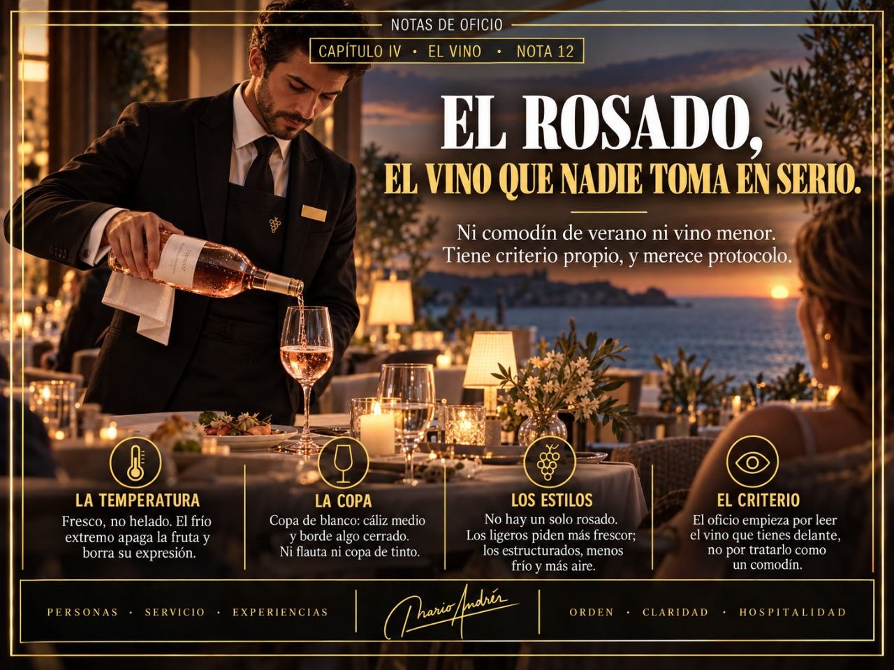 Grafica del post El rosado, el vino que nadie toma en serio con un camarero sirviendo vino rosado en una terraza al atardecer.