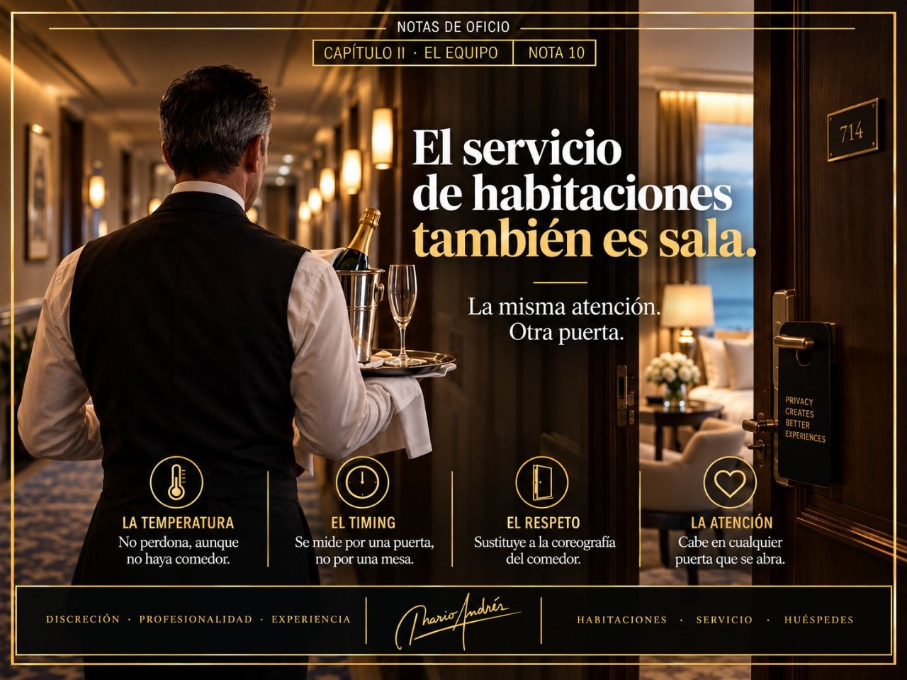 Camarero con bandeja de champan frente a una habitacion de hotel abierta, con el mensaje sobre el servicio de habitaciones como sala