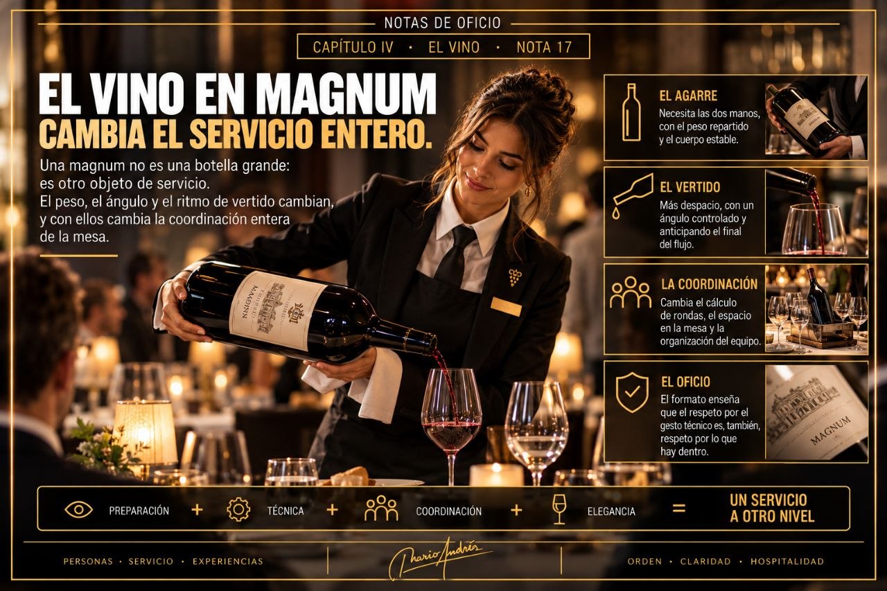 Profesional de sala sirviendo vino tinto desde una magnum en una copa, con esquema sobre agarre, vertido y coordinacion del servicio.