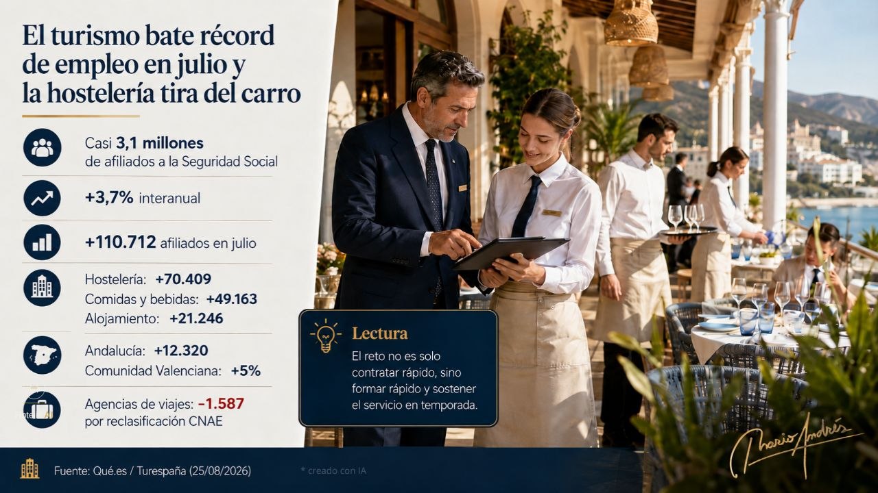 Infografía con el título «El turismo bate récord de empleo en julio y la hostelería tira del carro» y las cifras de Turespaña (3,1 millones de afiliados, +3,7 % interanual, +110.712 en julio, +70.409 en hostelería), sobre la escena de un maître y una camarera repasando una tablet en la terraza de un hotel de lujo.