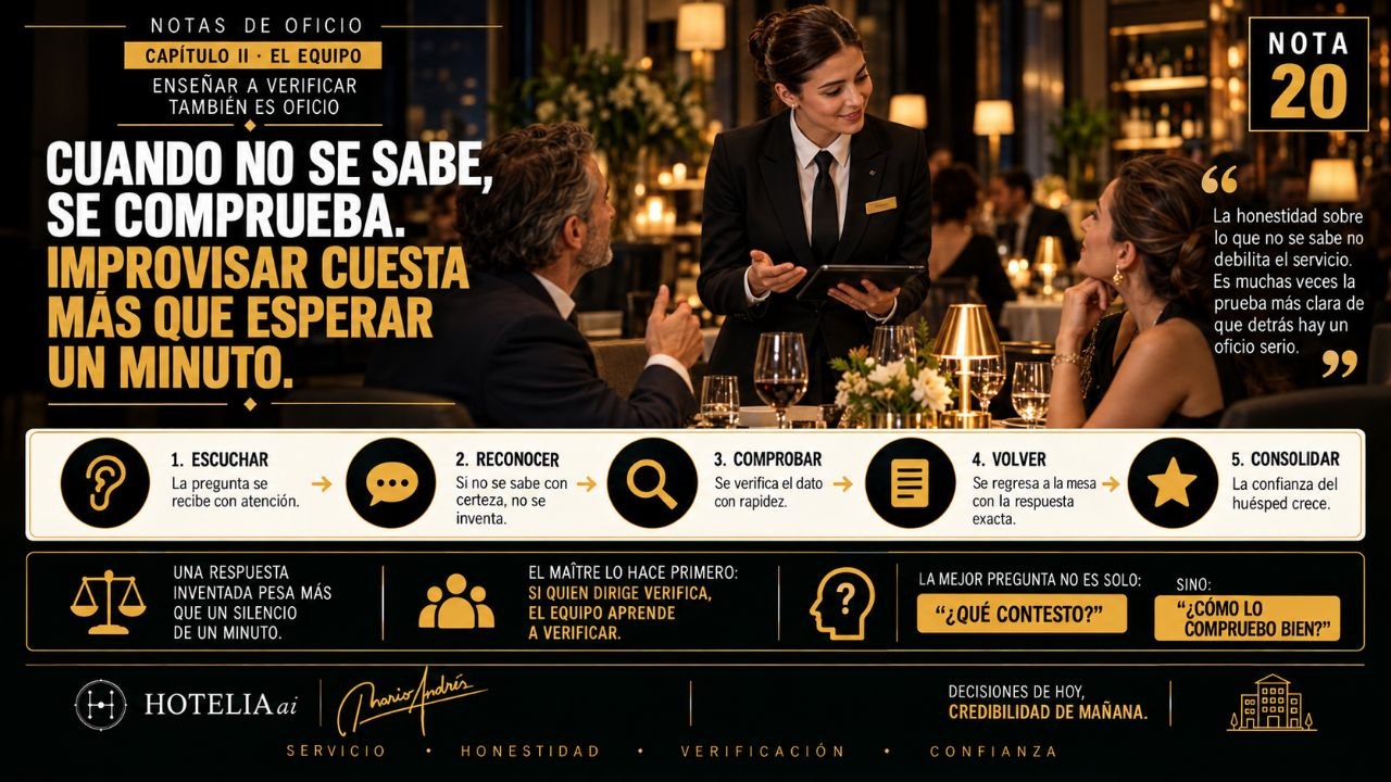 Lámina NOTA 20 de Notas de oficio: una camarera con tableta atiende a una pareja en un comedor de lujo, con los pasos escuchar, reconocer, comprobar, volver y consolidar
