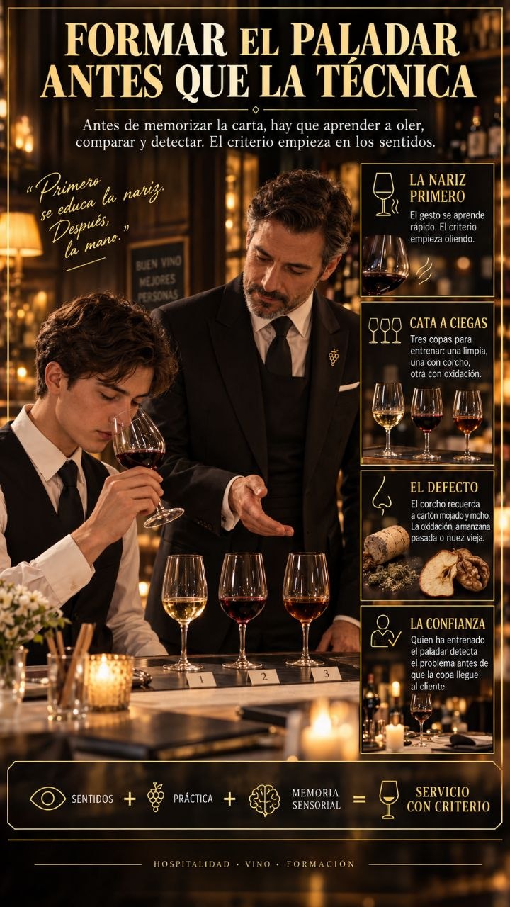 Infografia sobre formacion del paladar en sala con cata de vinos sentidos practica y memoria sensorial