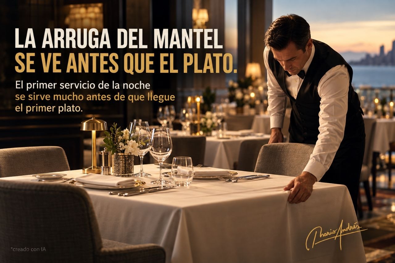 Camarero ajustando el mantel de una mesa preparada antes del servicio, con el texto la arruga del mantel se ve antes que el plato.