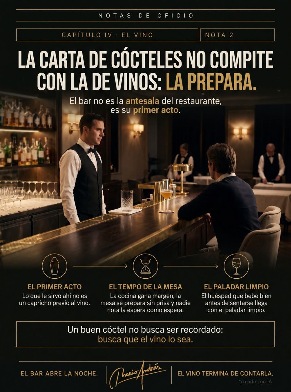 Lámina Notas de oficio: un barman sirve un cóctel a un huésped en la barra, con el restaurante preparándose al fondo.