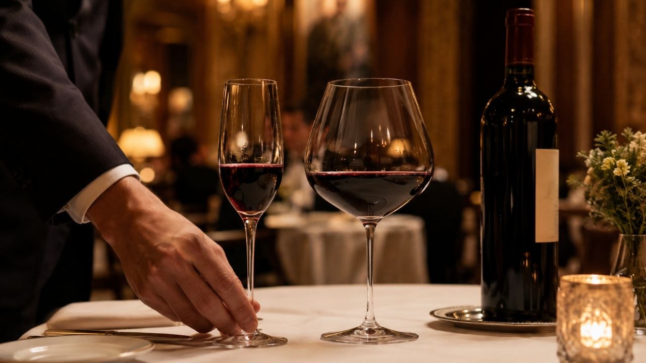 Dos copas con el mismo vino tinto sobre un mantel blanco en un comedor clásico en penumbra: a la izquierda una copa estrecha de flauta, a la derecha un cáliz amplio de borgoña servido por debajo de su parte más ancha. La mano de un camarero de traje oscuro y puño blanco sujeta por la base la copa estrecha para retirarla. Al fondo, la botella de tinto sobre bandeja de plata y una vela encendida.