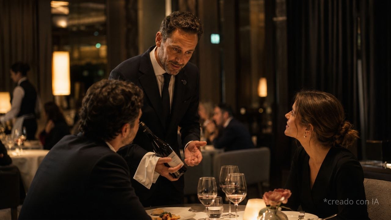 Un maître presenta y explica una botella de vino a una pareja en el comedor de un hotel de lujo, ya entrada la noche, con la misma atención que en la primera mesa del servicio.