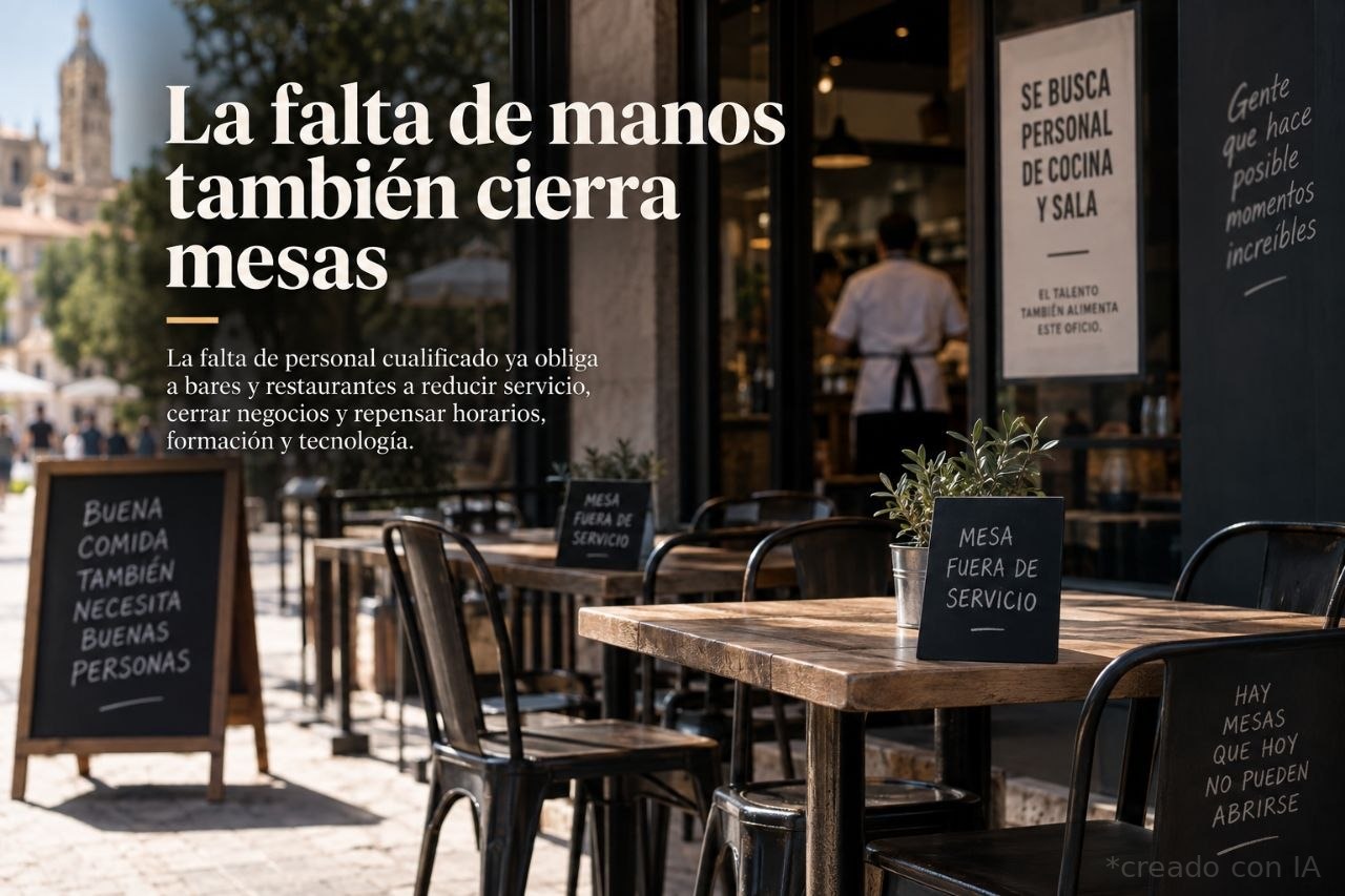 Terraza de restaurante con varias mesas fuera de servicio y carteles sobre la falta de personal.