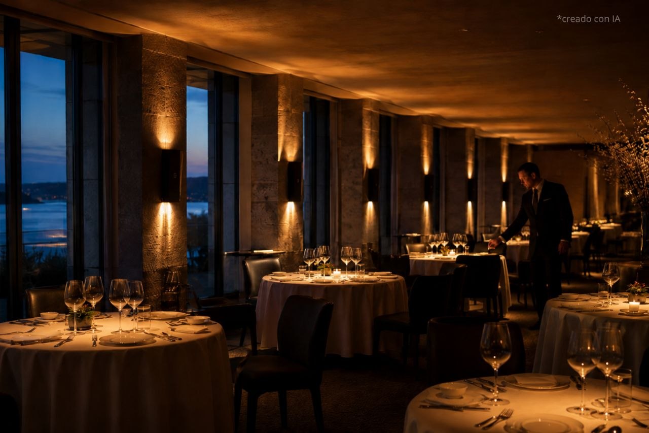 Comedor de restaurante de lujo al anochecer, vacío antes del servicio, con apliques de luz cálida sobre las columnas de piedra, velas en las mesas vestidas de blanco y un maître revisando una mesa junto a los ventanales al mar