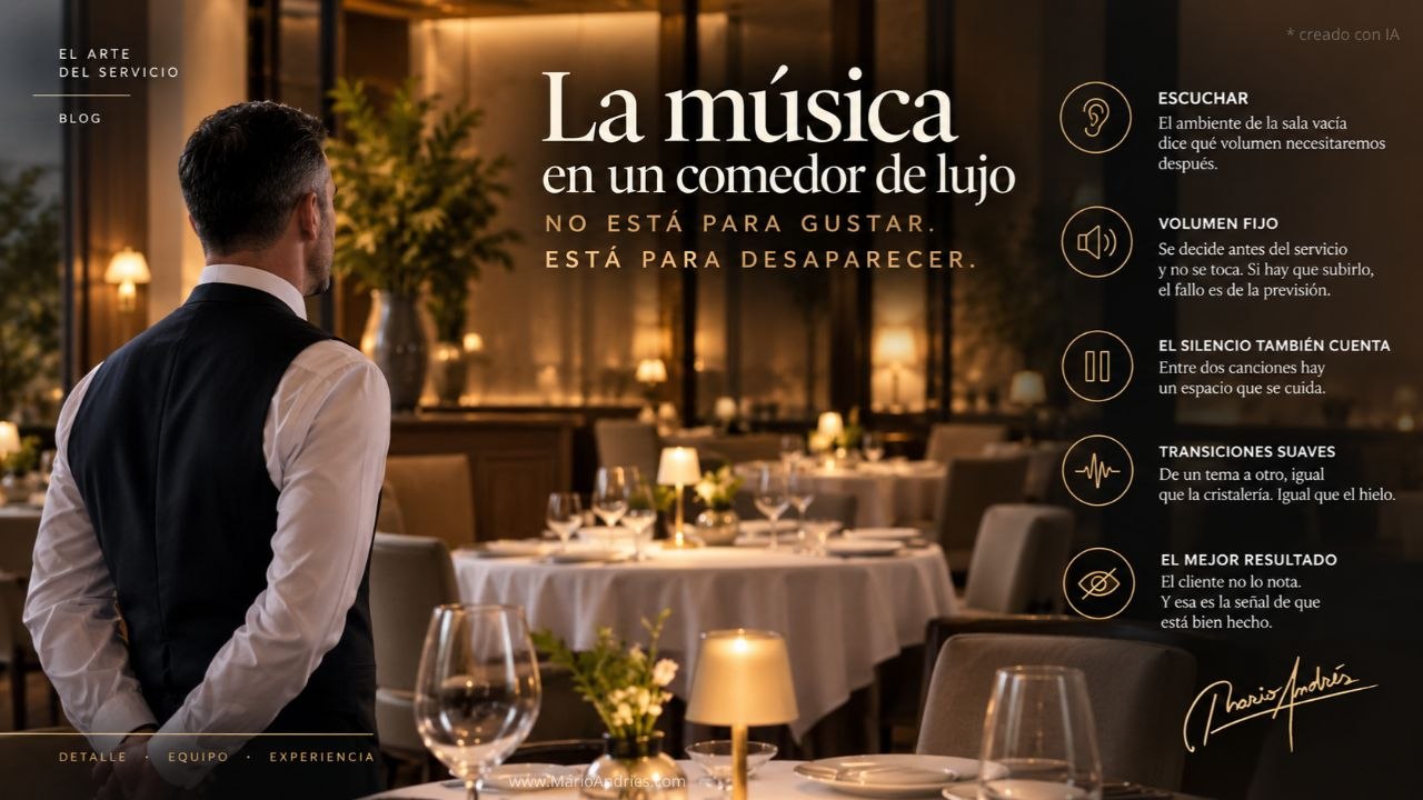 Composición con el título «La música que no se nota es la que funciona» sobre la escena de un comedor de lujo antes del servicio, con la sala vacía y el ambiente sonoro que se ajusta antes de que llegue el cliente.