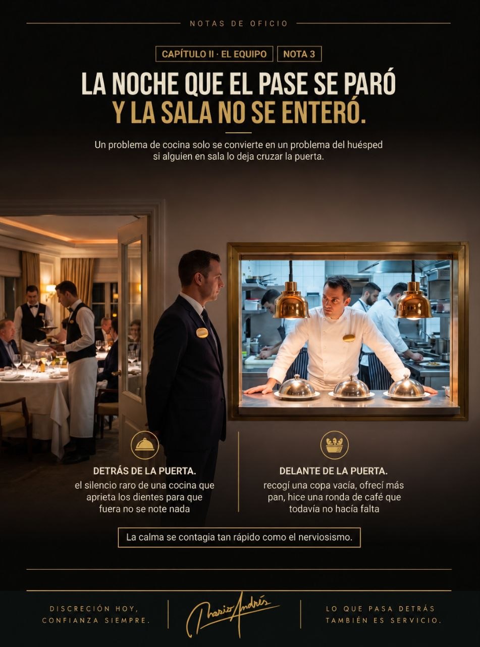 Lámina Notas de oficio: un maître en la puerta de la cocina, con el pase parado tras el cristal y la sala cenando tranquila.