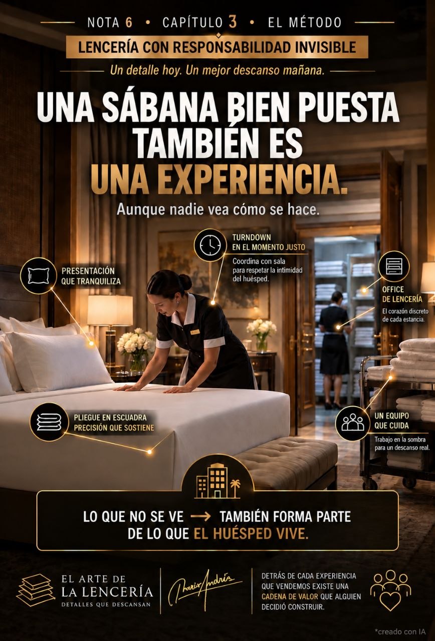 Lamina sobre lenceria hotelera con una camarera preparando una cama y mensajes sobre precision invisible para el huesped.