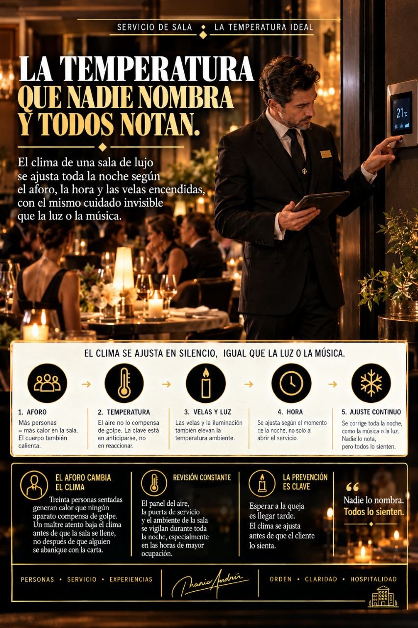 Infografía de un maître en un restaurante de lujo ajustando el termostato de pared; explica cómo el aforo, las velas, la hora y la revisión continua influyen en la temperatura de la sala.