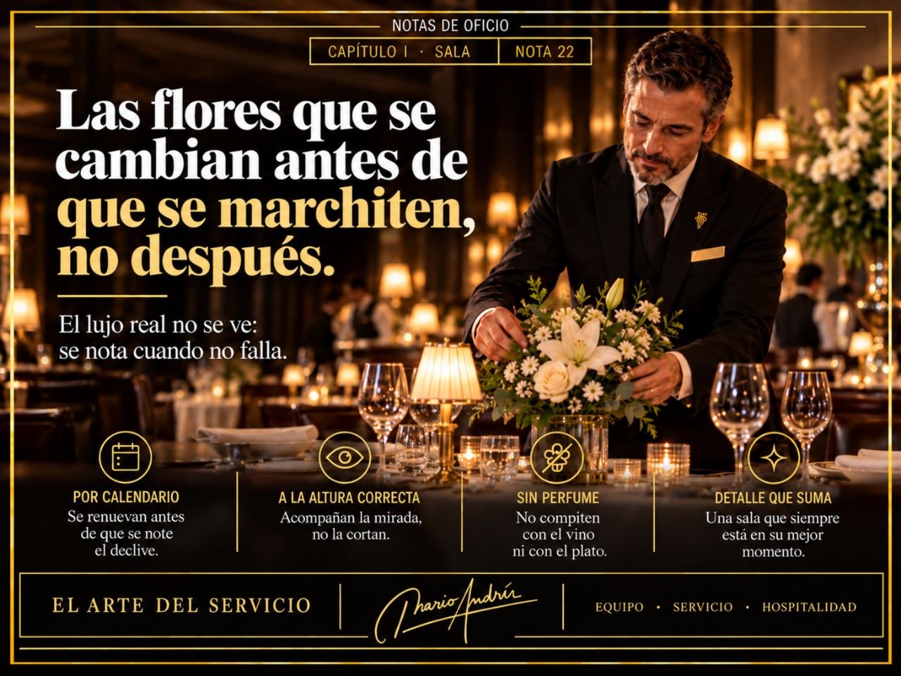 Un profesional arregla flores blancas en una mesa de restaurante. La imagen incluye el título del artículo y consejos sobre decoración floral.