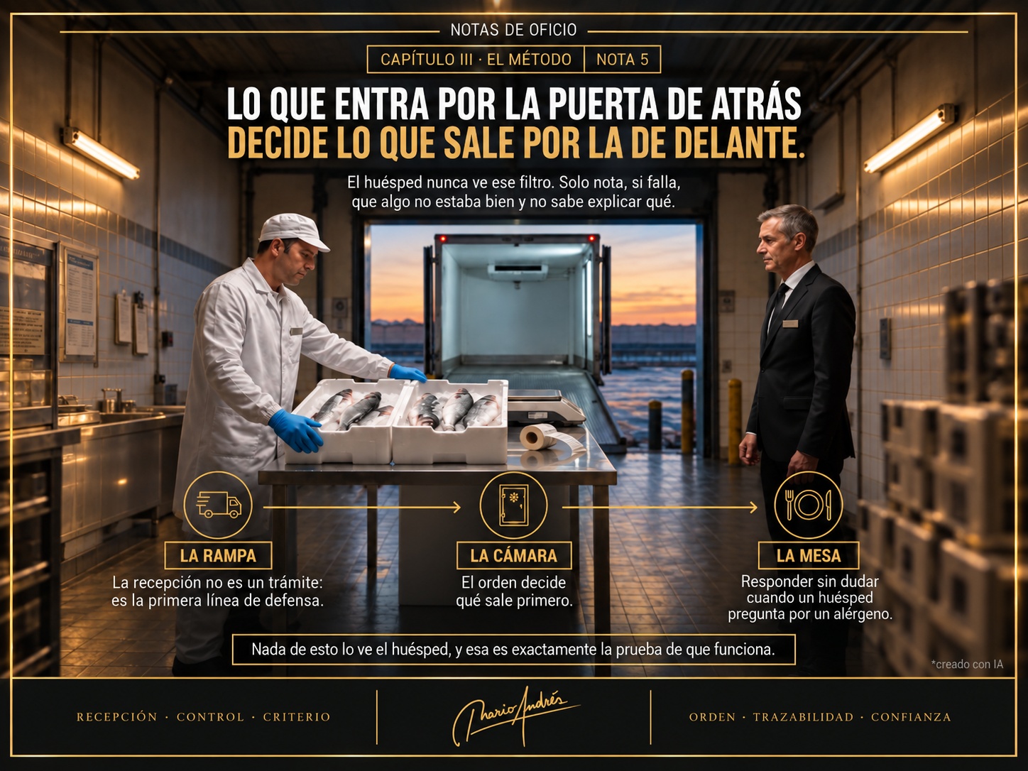 Ilustracion editorial sobre control de recepcion, trazabilidad y criterio operativo en la entrada de producto de un hotel o restaurante.