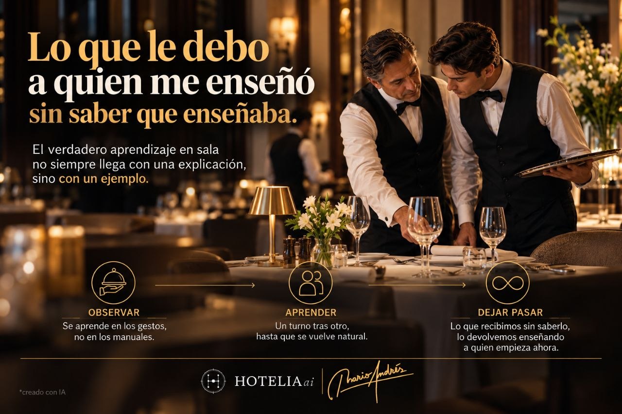 Infografia de sala con un veterano guiando a un camarero joven en una mesa, sobre aprender observando y devolver lo aprendido.