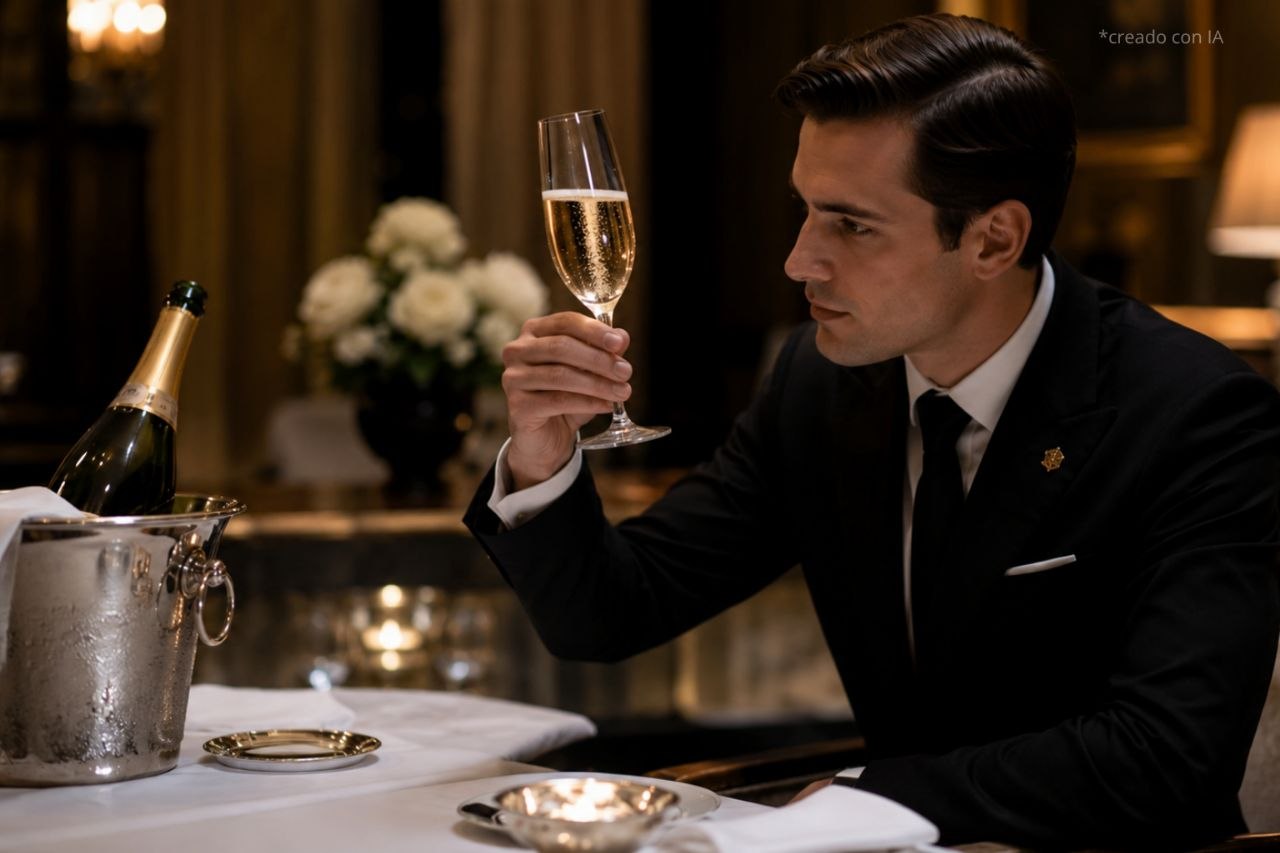 En un comedor de gran lujo, un comensal de esmoquin observa a contraluz una copa de champagne, con una botella en cubitera sobre la mesa.