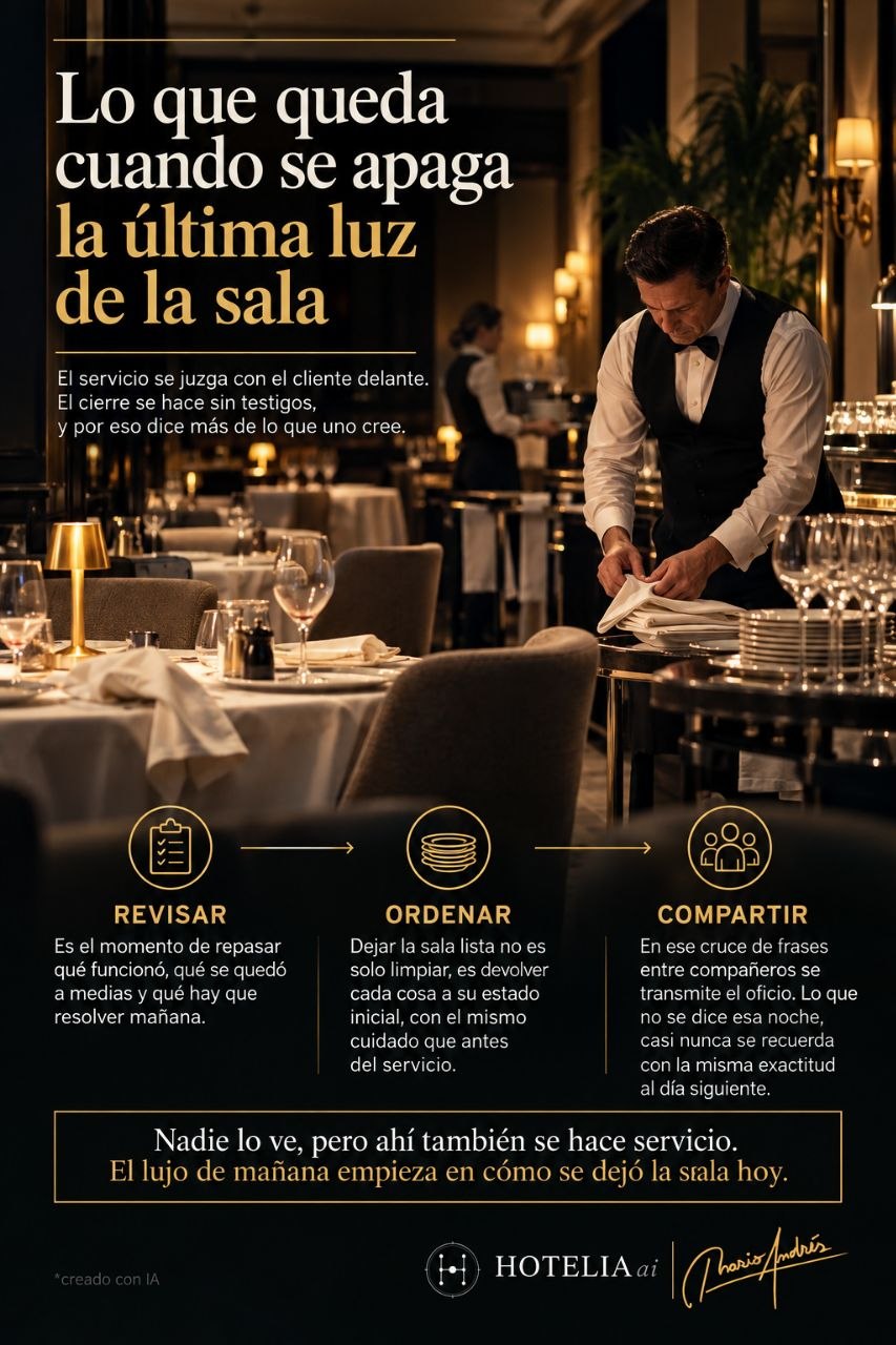 Sala de restaurante al cierre del servicio con un camarero ordenando manteles y copas bajo la ultima luz encendida.