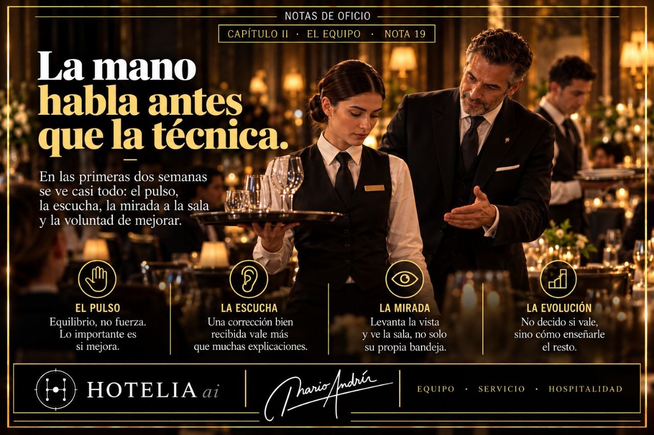 Camarera con bandeja de copas recibe indicaciones de un responsable de sala en un restaurante.