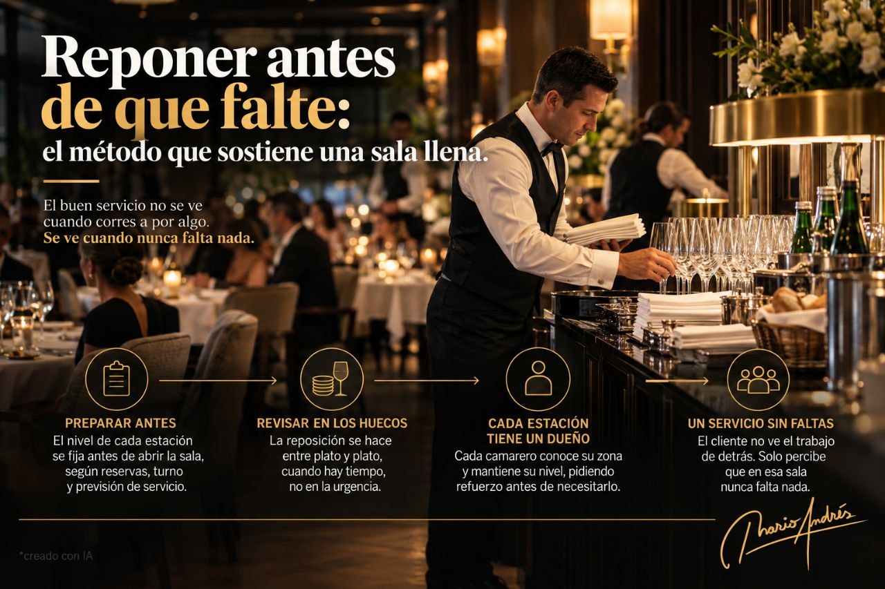Camarero reponiendo copas y servilletas en una sala llena antes de que falte nada durante el servicio.