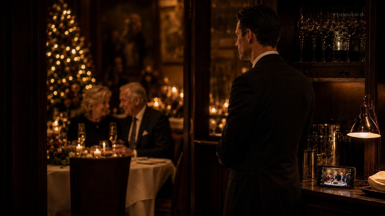 Un maître de espaldas, en traje oscuro y con los brazos cruzados, observa desde el office el comedor de un restaurante clásico en Nochebuena. Al fondo, un matrimonio mayor cena a la luz de las velas junto a un árbol de Navidad iluminado, con dos copas de champagne servidas. A su lado, sobre el aparador, un teléfono encendido muestra la foto de una cena familiar.